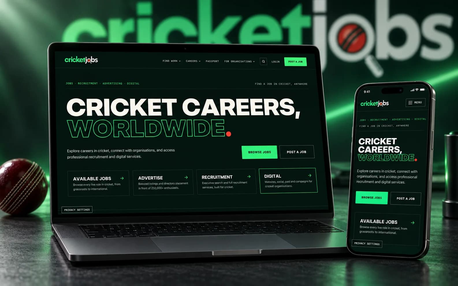 Cricket Jobs website on a MacBook Pro and iPhone