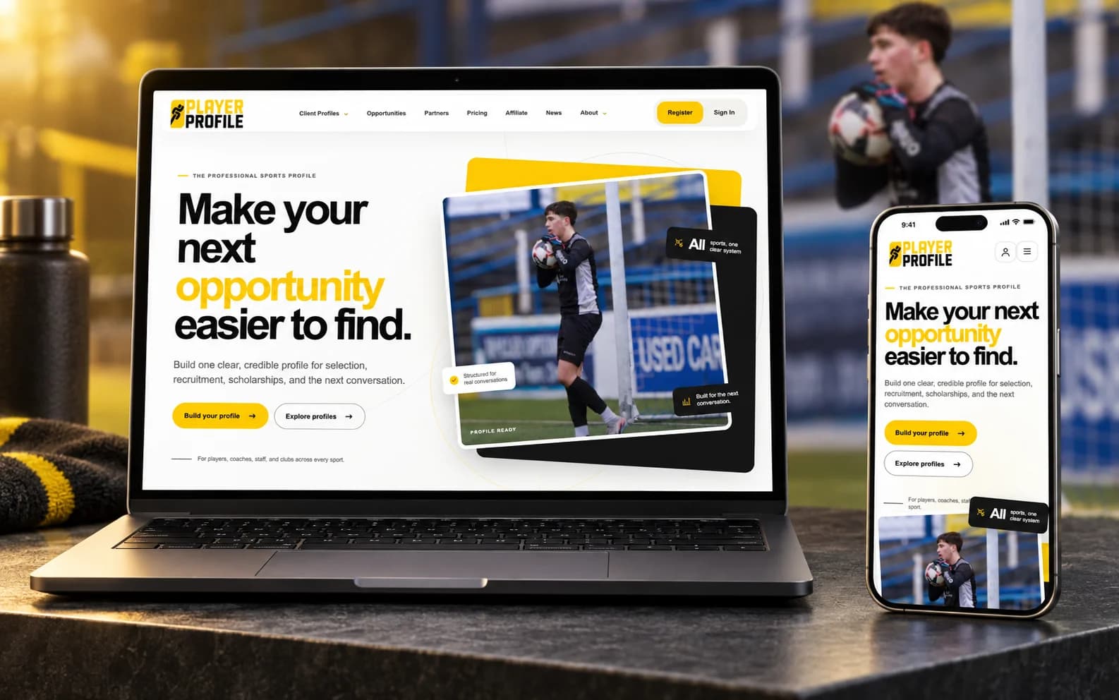 PlayerProfile website on a MacBook Pro and iPhone