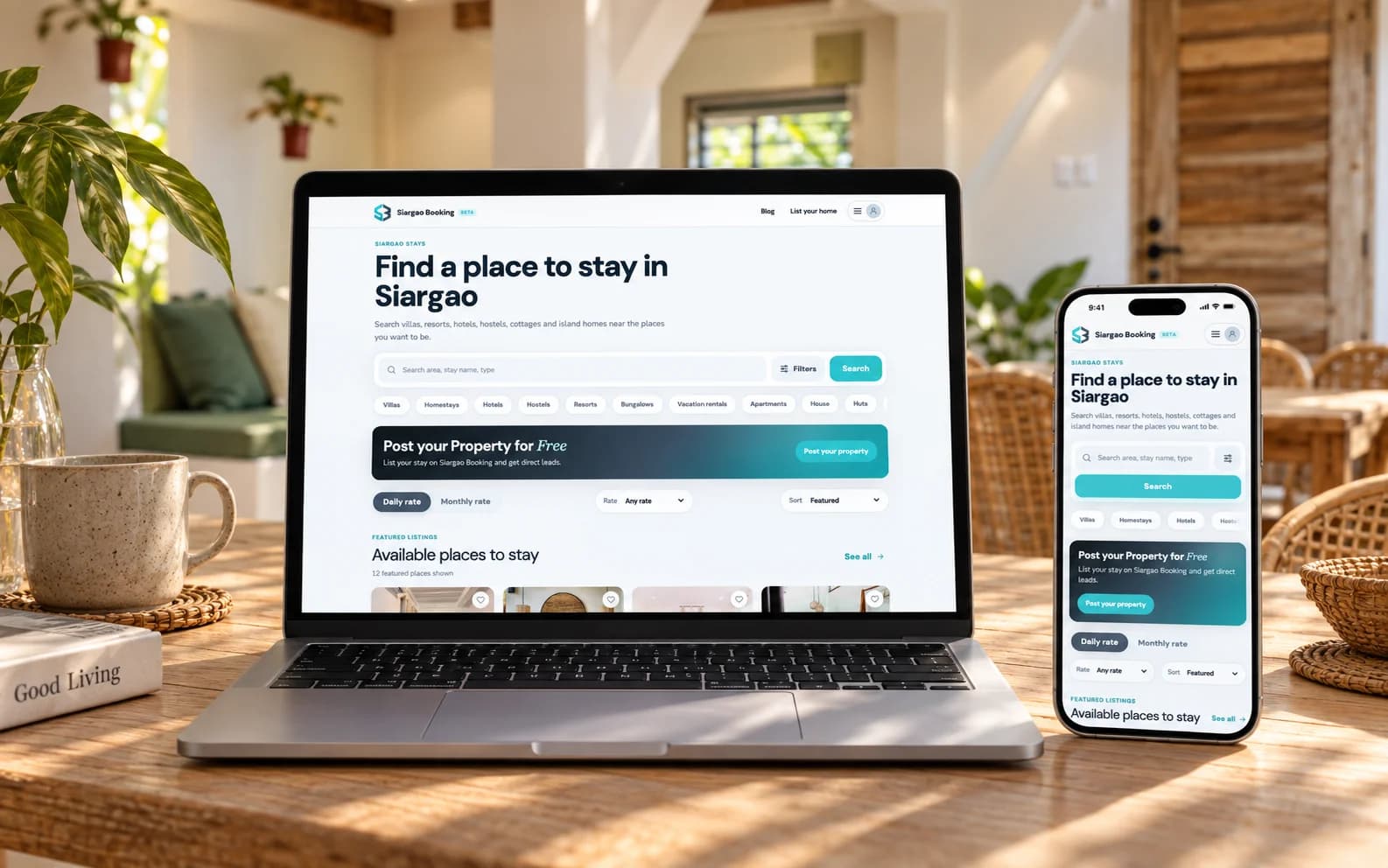 Siargao Booking website on a MacBook Pro and iPhone