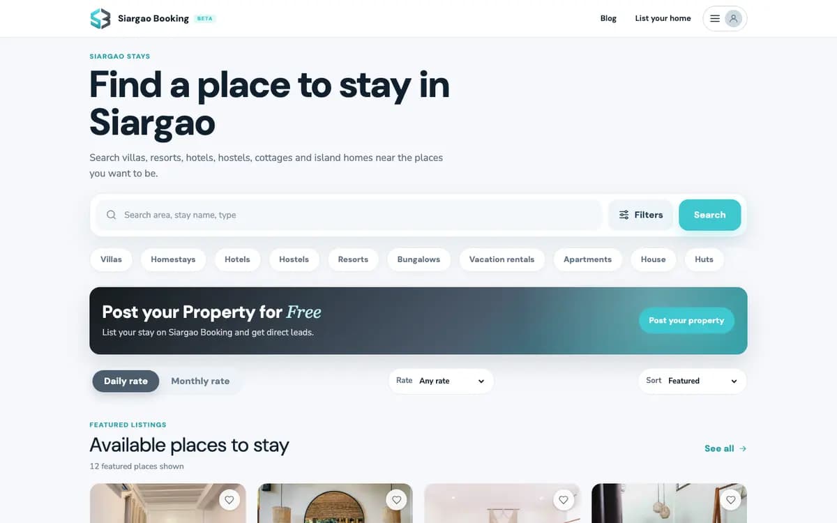 Siargao Booking homepage